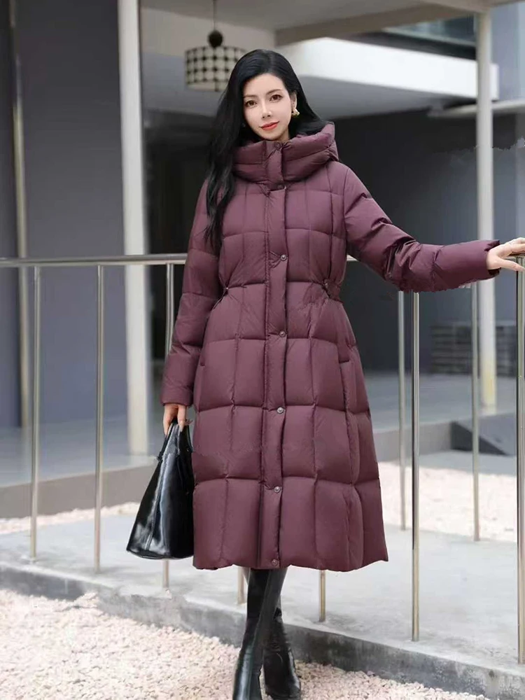 

Puff Hooded Loose Knee Length Down Winter Jacket Female Zipper Long Parker Outwears Women White Duck Down Thick Warm Down Jacket