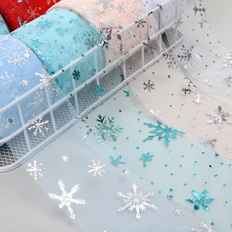 25yards 6cm Flash Printing Silver Snowflake Tulle Ribbon Roll Handmade Hairpin Bow Birthday Party Decoration DIY Process