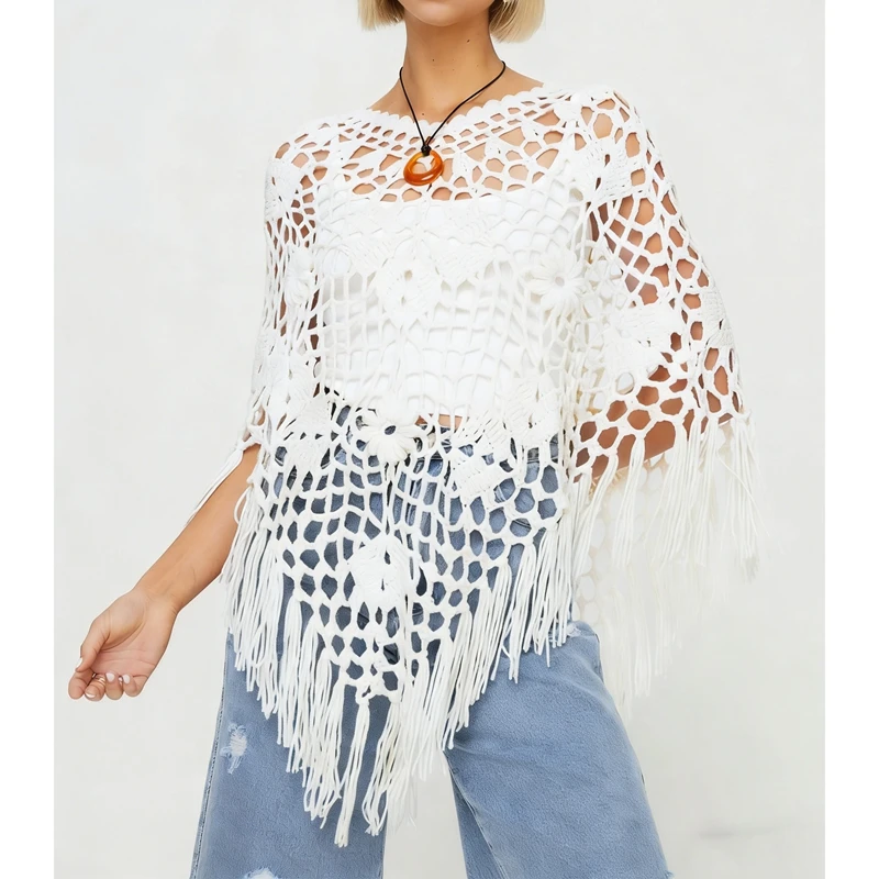 

Women Boho Fringe Poncho Crochet Hollow out Sweater Asymmetrical Knit See Through Shrug Shawl Summer Tassels Cover Up