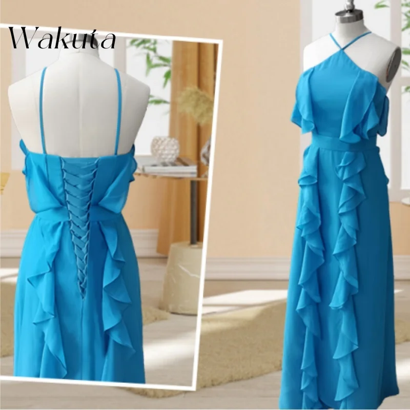 Wakuta Luxus hängenden Hals Kreuz ärmellose dünne Schulter gurt Chiffon Brautjungfer Robe A-Linie lange plissierte formelle Party Vestido