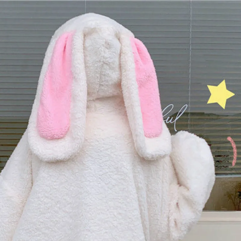 Hoodies Women Solid Zip-up Long Lantern Sleeve Hooded Rabbit Ears Lolita Cute Sweet Girls Harajuku Style Warm Baggy Outerwear