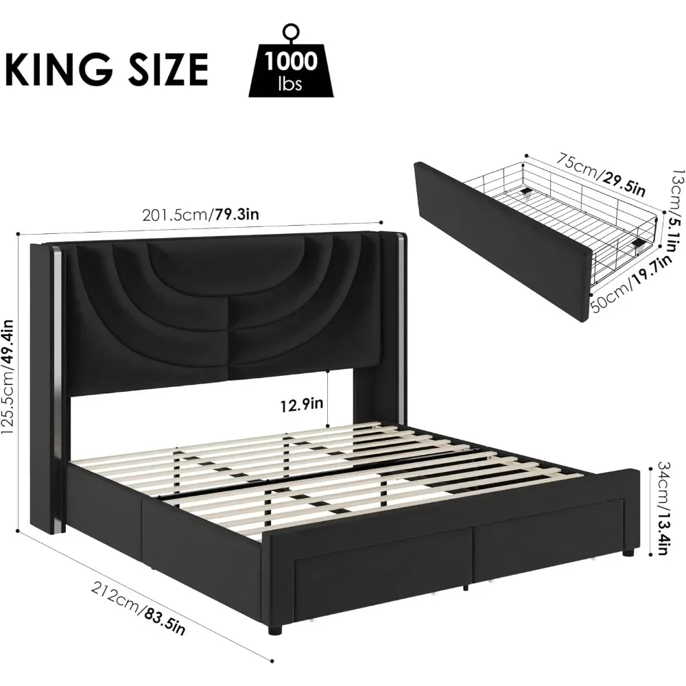 Estrutura de cama com 2 gavetas de armazenamento, cama de plataforma de veludo com cabeceira lateral, suporte de ripas de madeira maciça, sem necessidade de molas