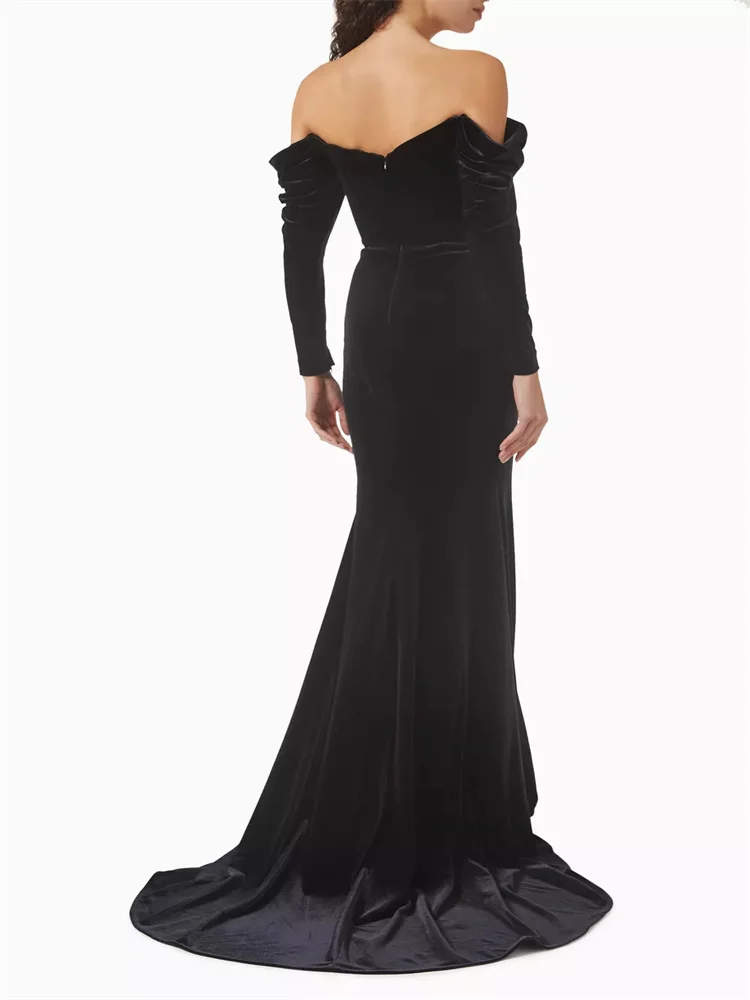 Customized Off Shoulder Neckline Long Sleeves Mermaid Velvet Evening Dress Back Zipper Floor Length Sweep Train Gown For Women