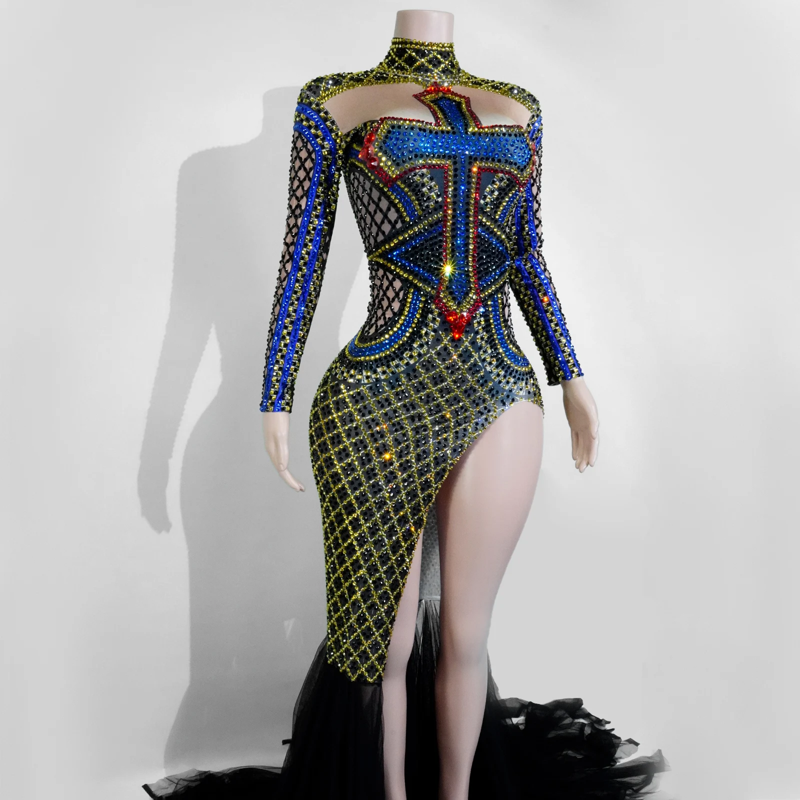 حجر الراين الصليب مزين عالية الرقبة بأكمام طويلة عالية الشق الذيل المرحلة فستان حفلة عيد ميلاد ملهى ليلي سحب الملكة ملابس رقص