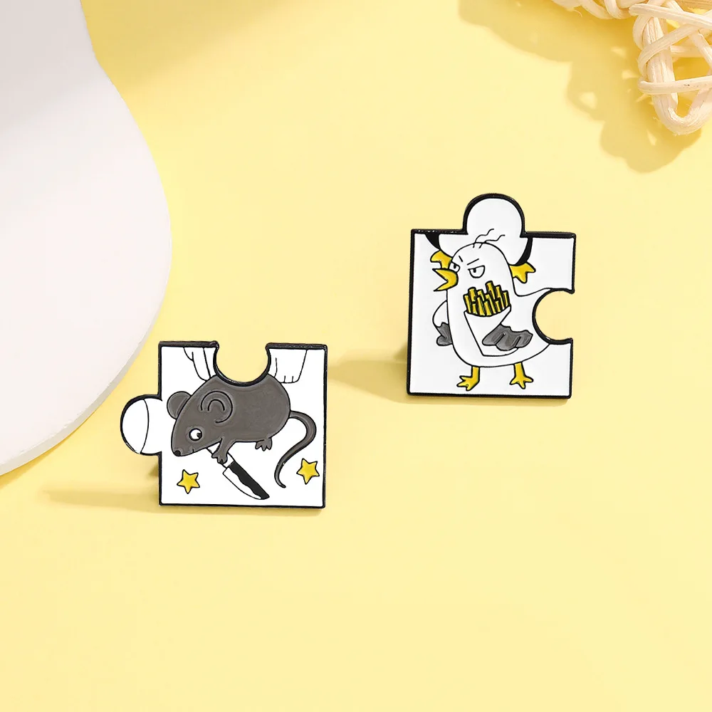 Creative Jigsaw Shape Design Enamel Brooch Cute Cartoon Animal Penguin Dog Knife Lapel Pin Badge Backpack Clothing Accessories