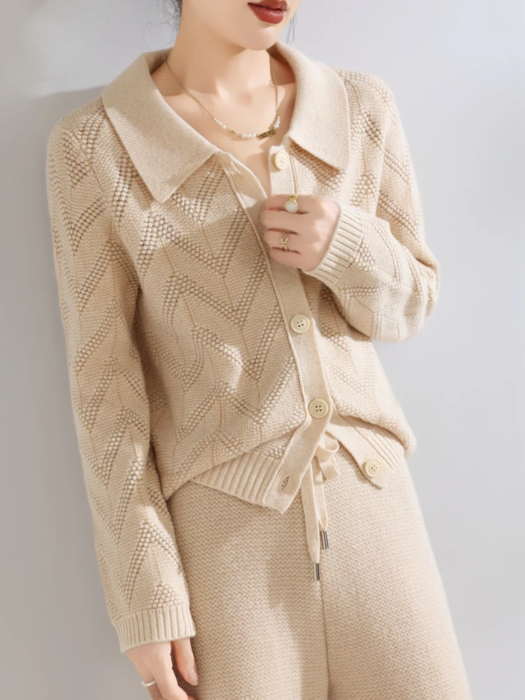 Women Sweater Suit Cardigan Pants 100% Merino Wool Autumn Winter Sweater Warm Lapel Cardigan Straight Pants Set Commuting Series
