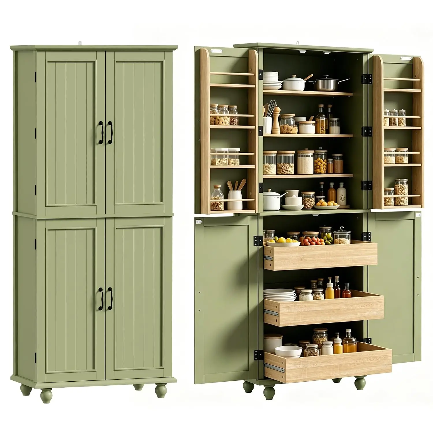 Vintage Kitchen Pantry Cabinet with Drawers & Door Shelves, Green, Customized