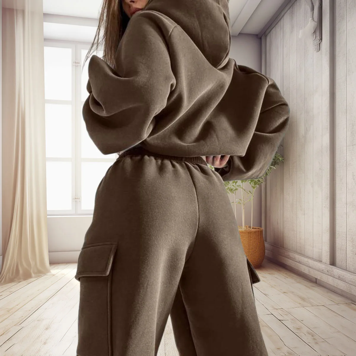 Solid color hooded sweatshirt two-piece set for women, new long sleeved work pants with pockets, casual sports suit