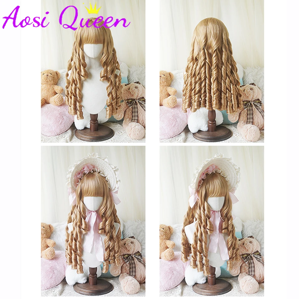 AOSI Roman Curly Synthetic Lolita Long Curly Hair With Bangs Golden Anime Wig Oberl Woman Party Cosplay Wig