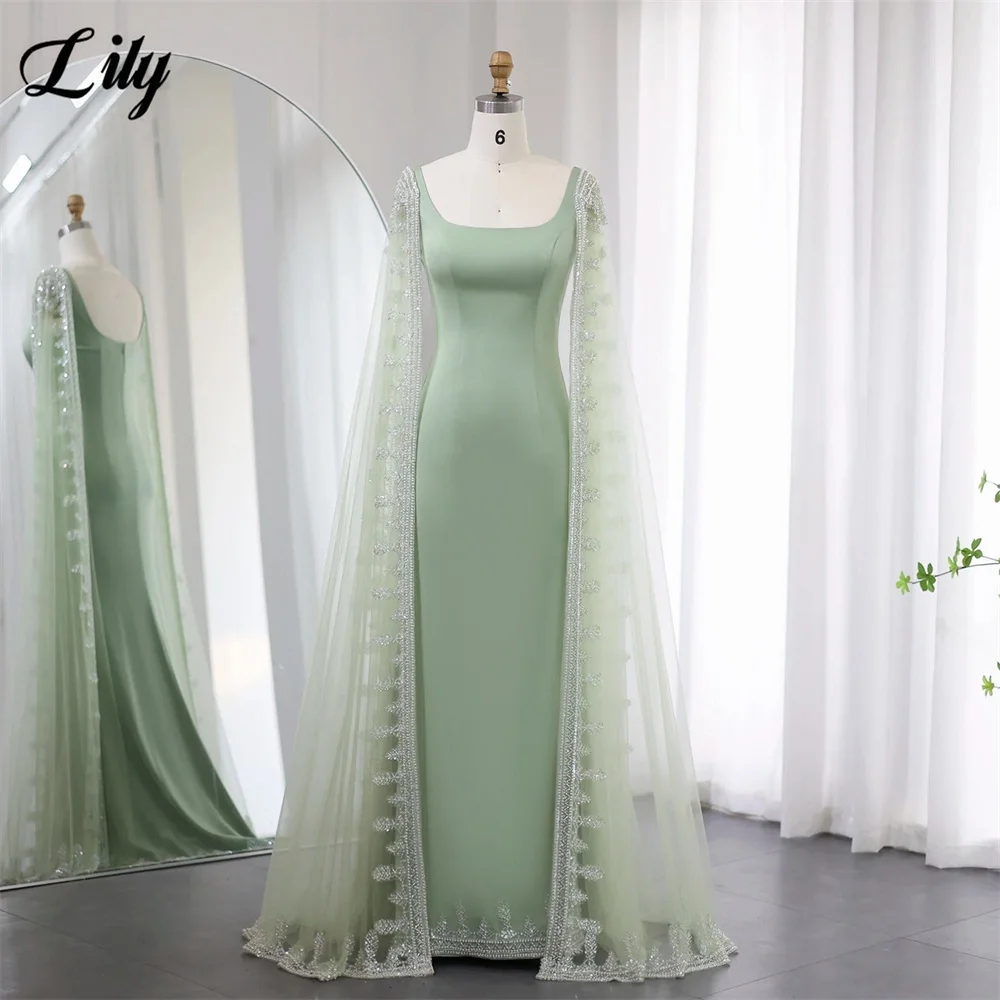 

Lily Green Satin Formal Gown Off the Shoulder Full Sleeve Prom Dresses with Crystal Trim Evening Dress Modern Style Customized