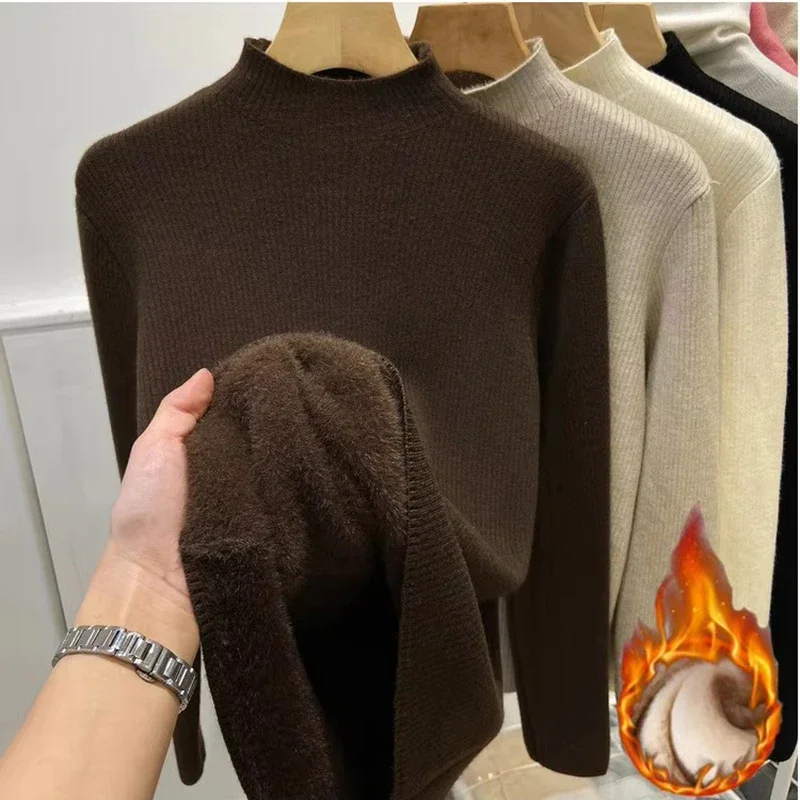Autumn Winter Knitwear Jumper Turtleneck Sweater Women Elegant Thick Velvet Lined Warm Sueter Knitted Pullover Slim Tops Jersey