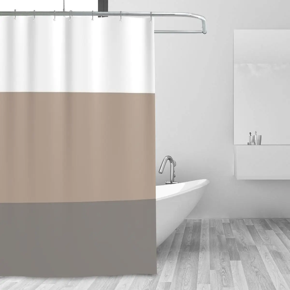 Natural Stripe In White Taupe Grey Thick Horizontal 3 Stripes Shower Curtain Bathroom Waterproof Bath Curtains with Hooks