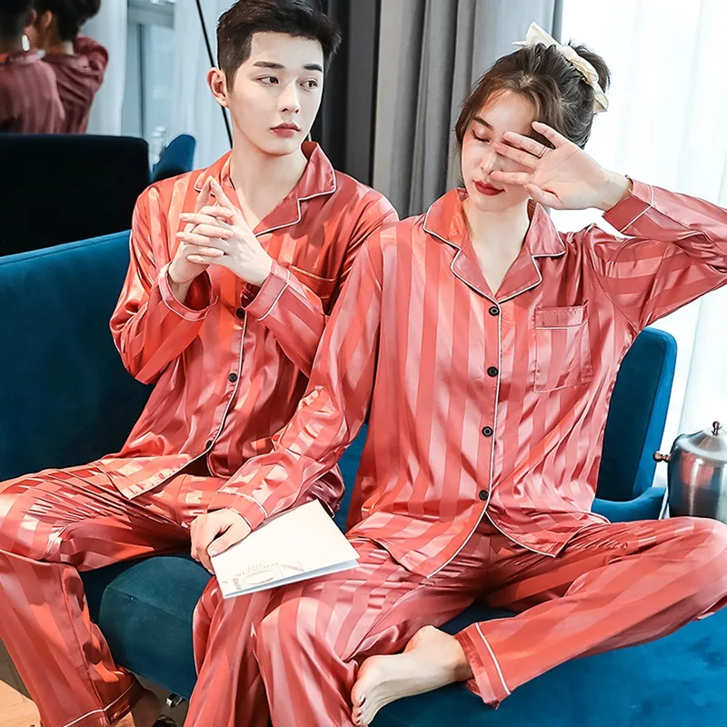 Solid Color Stripe Sleepwear Premium Silk Satin Pajamas Couple Long Button-Down Pyjamas Suit Women Men Loungewear Pijama Pj Set