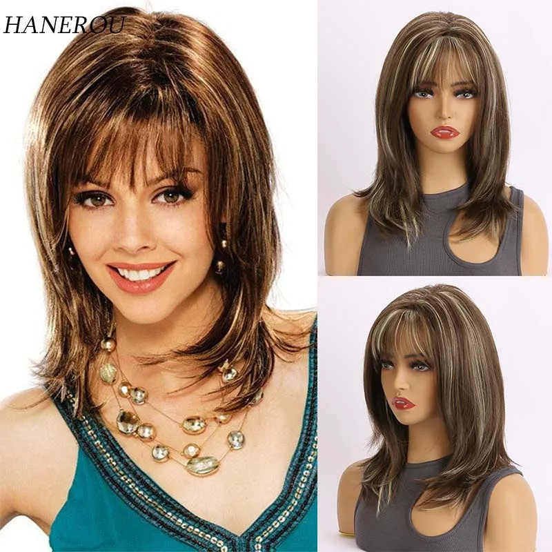 

Straight Mixed Brown Bob Synthetic Wig with Bangs Medium Long Cosplay Layered Wigs for Woman Hair Daily Wig Heat Resistant