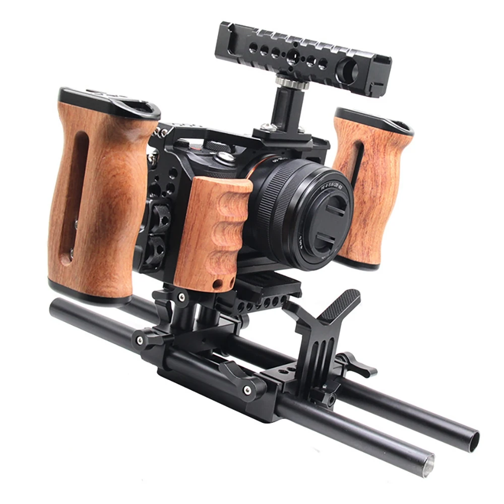 Camera Cage with Wooden Aluminum Alloy DSLR Camera Protective Cage Kit for Sony