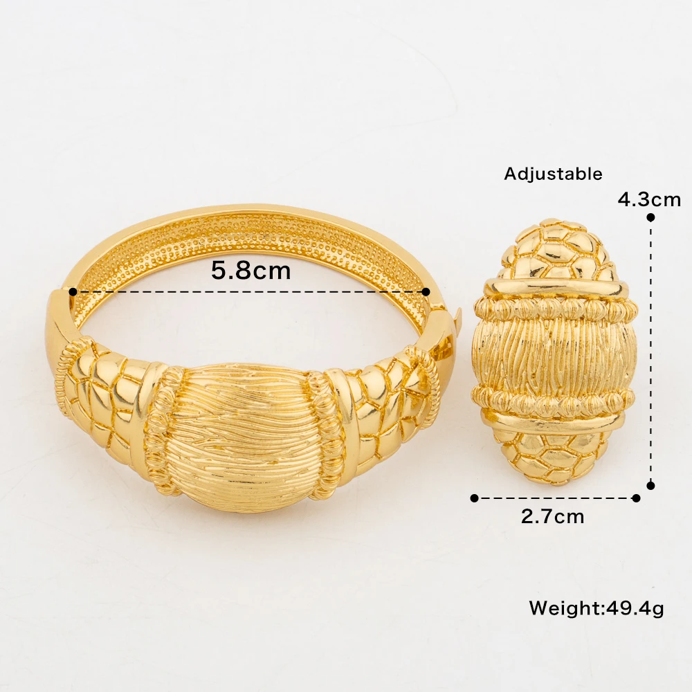 Fashion Women Bangle and Ring Jewelry Set 18k Gold Color Bracelet Cocktail Ring 2Pcs Set for Engagement Party Accessories Gifts