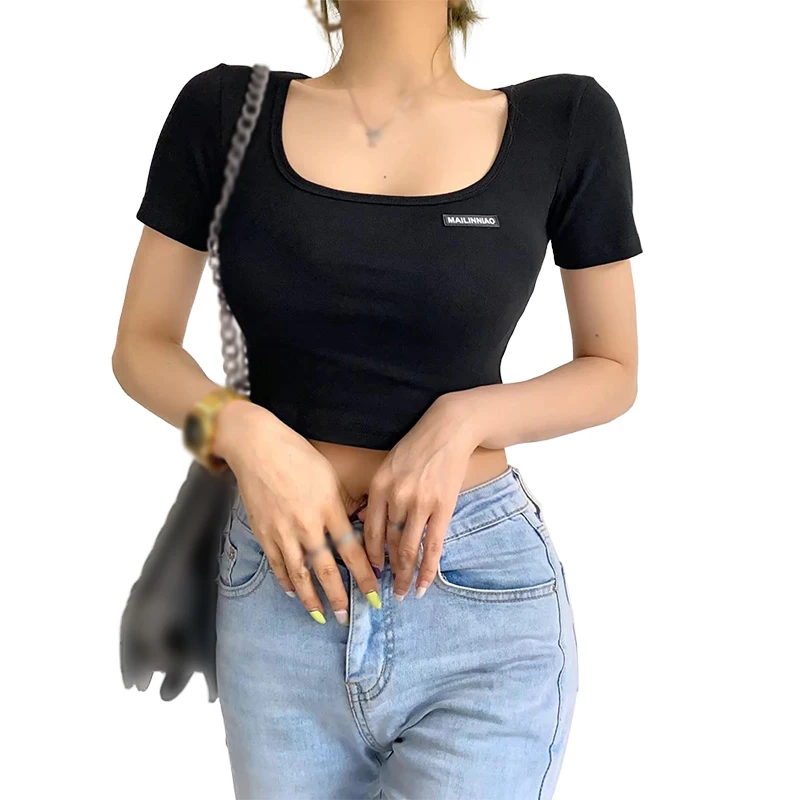 Women's Short Sleeved Casual T-Shirts Summer Square Neck Midriff-baring Exposed Clavicle T-Shirts