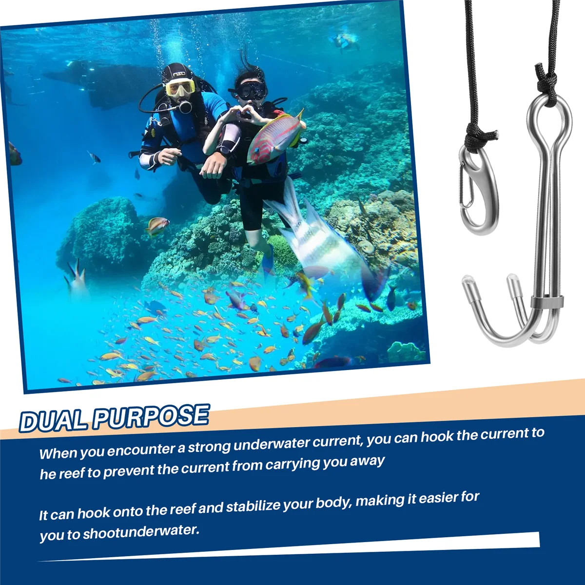 KEEP DIVING Scuba Diving Double Dual Stainless Steel Reef Drift Hook with Line and Clips Hook for Current Dive Underwater,Black