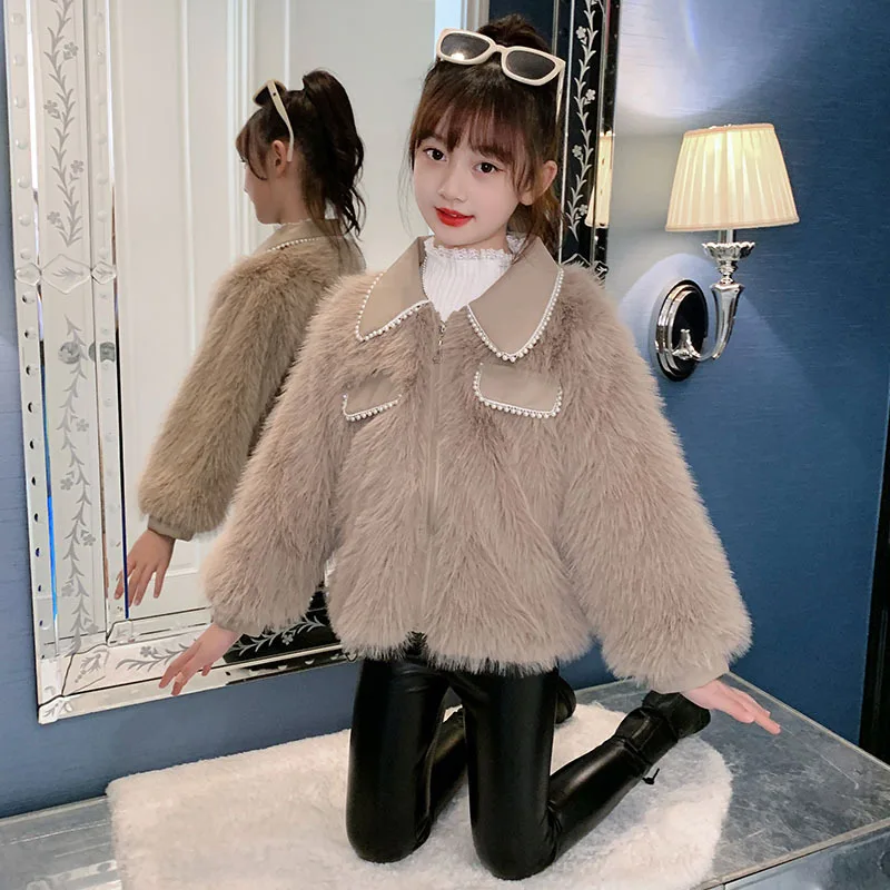 Girls Autumn Winter Warm Faux Fur Coat Children Windproof Outdoor Faux Pearl Collar Jacket Kids Photography Comfortable Coat