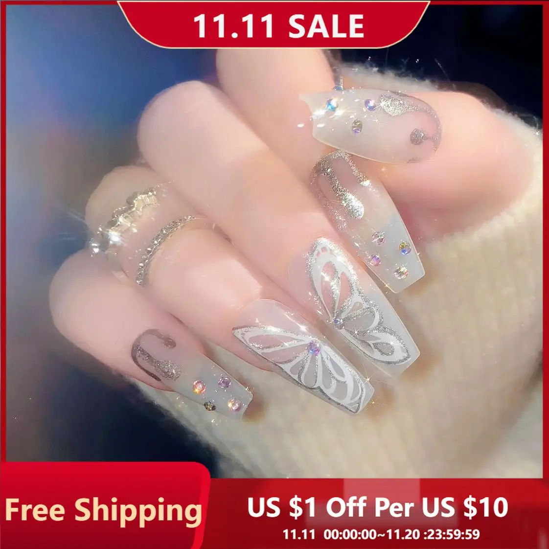 

24 шт., пресс для ногтей, блестящие бабочки и бриллианты, полное покрытие, типсы для ногтей для женщин и девочек, съемные носимые накладные ногти, повседневная одежда