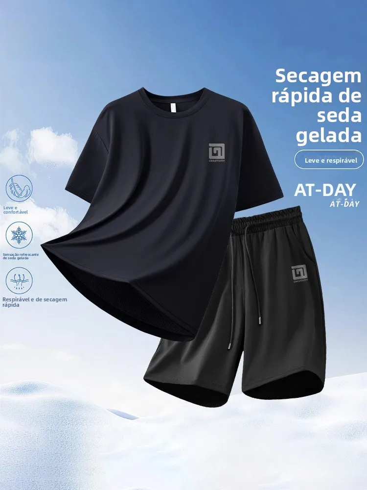 ウォリアーブラックスポーツフィットネスセット速乾アイスシルク通気性半袖tシャツショーツメンズサマーカジュアルスポーツウェア