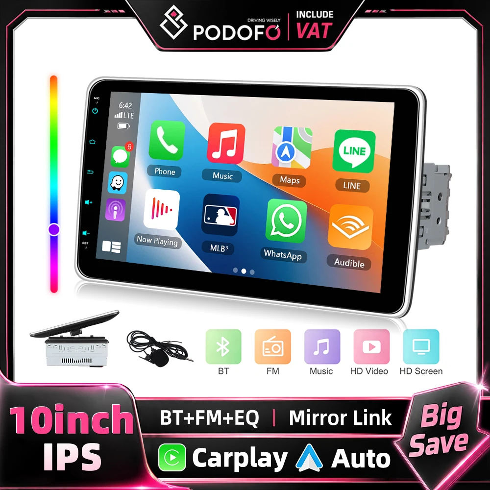 Podofo Autoradio 1Din con Schermo Touch HD Retrattile Manuale da 10,1 Pollici, Lettore MP5 Multifunzionale con Carplay e Ricevitore FM per Modelli di Auto Universali
