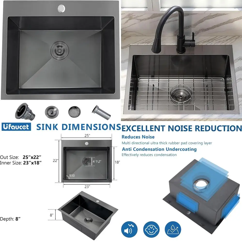 حوض مطبخ أسود مقاس 25 بوصة مع قضيب من الفولاذ المقاوم للصدأ للاستخدام الخارجي في أدوات الغسيل RV #1