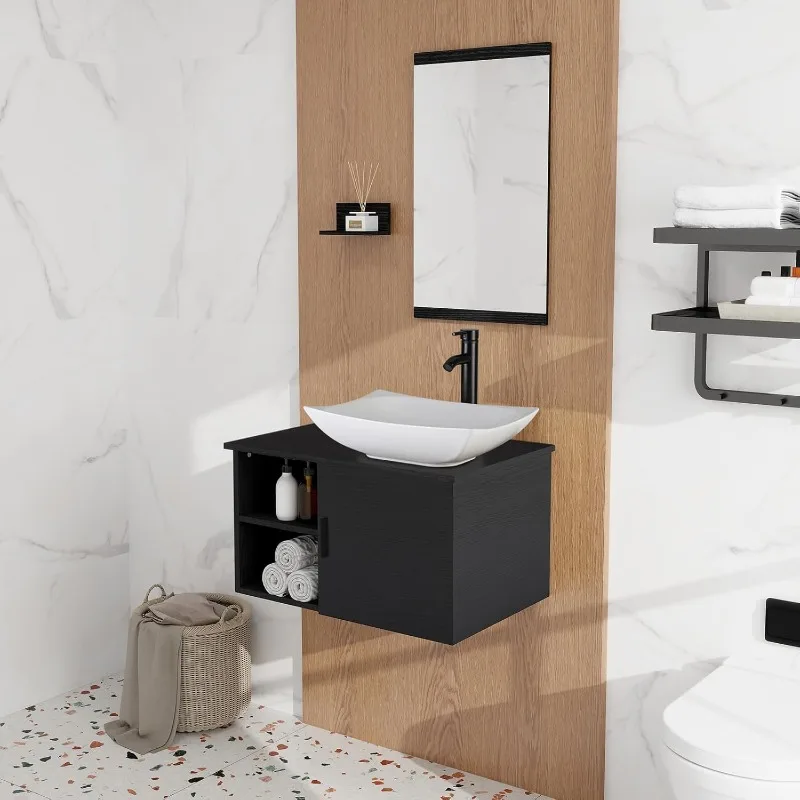 

Черный 28-дюймовый настенный туалетный столик для ванной комнаты с раковиной, современный плавающий туалетный столик с полкой для хранения, подвесной шкаф для раковины