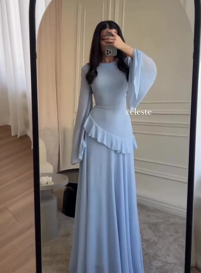 FL Fashion Flare Sleeve Ruff Long Dress Women Solid O-neck High Waist Slim  Pleated Maxi Dresses Lady Summer Chic Party Robes New - AliExpress 200000345