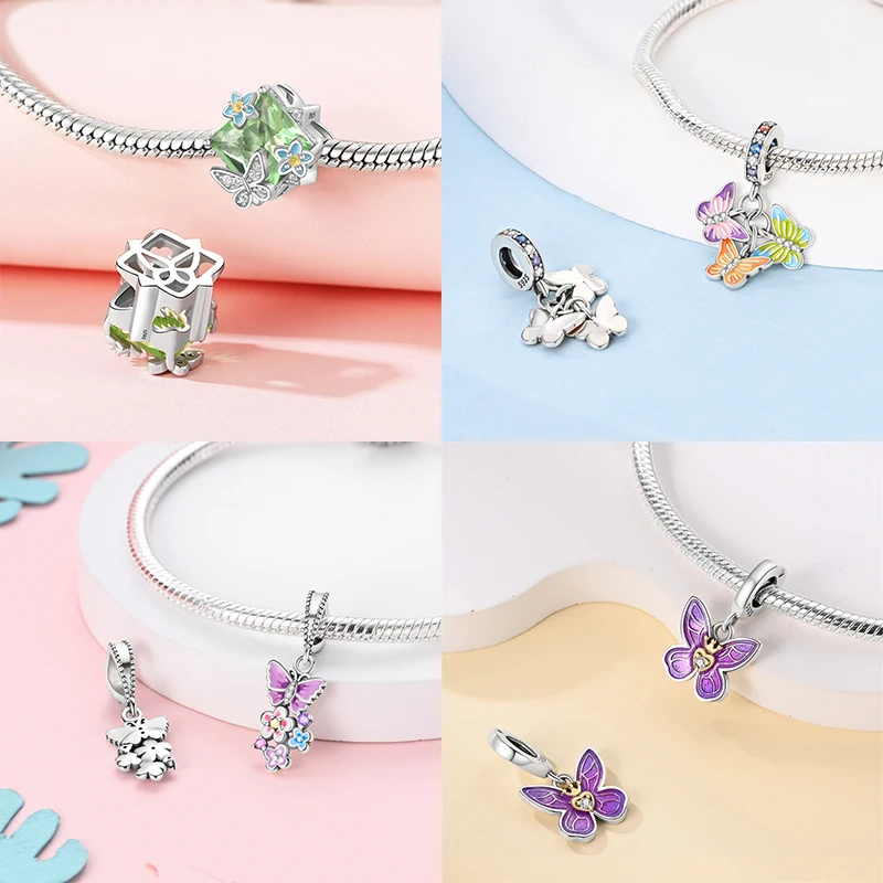 

925 Sterling Silver Butterfly Charms Purple Beads Fit Bracelet Necklace Accessories Bead Jewelry Making Fine Jewelry Gift