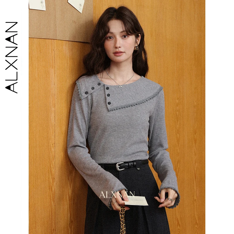 

ALXNAN Women's Long-sleeve T-Shirts Autumn New Round Neck Button Decoration Layered Design Loose-fit Casual Versatile Top L57507