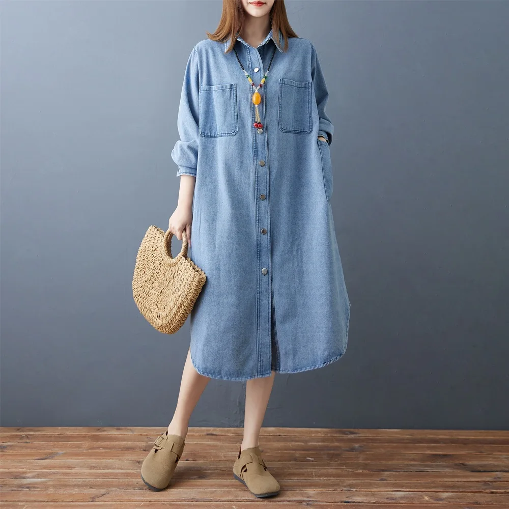 Lose Retro Langarm Denim Kleider frauen Herbst Drehen Unten Kragen Einreiher Hemd Kleid Weibliche Casual Mid-Länge kleid
