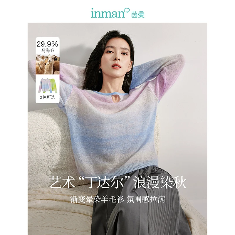 INMAN Artistic gradation color Women's Sweater with sheep wool  mohair autumn winter hollow crewneck long-sleeved Knitwear