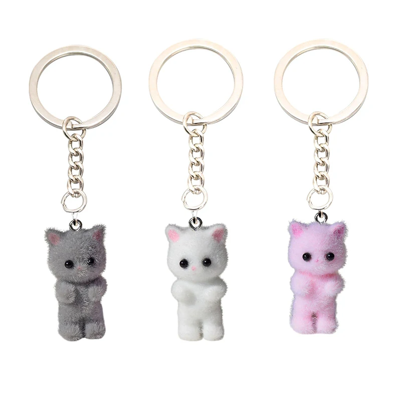 Cute 3D Flocking Kitten Small Bear Keychain Resin Cat Couple Mobile Phone Pendant Car Keyring Earphone Backpack Charms Bag Decor