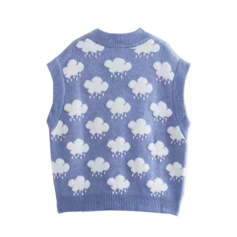 Sweet Sleeveless Cloud Printed V-neck Knitted Sweater Vest Autumn Pullover Sweater Women Loose Winter Soft Knit Vests Tops 15990