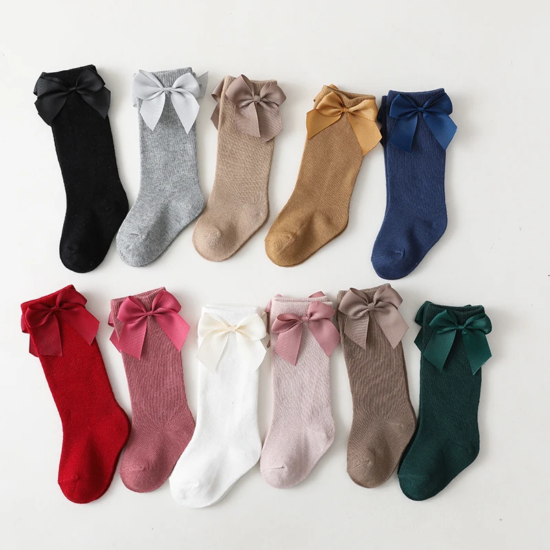 

11 Color Spanish Style Baby Toddlers Socks Autumn Winter Children Girls Knee High Long Sock 100% Cotton Big Bow Kids Floor Socks