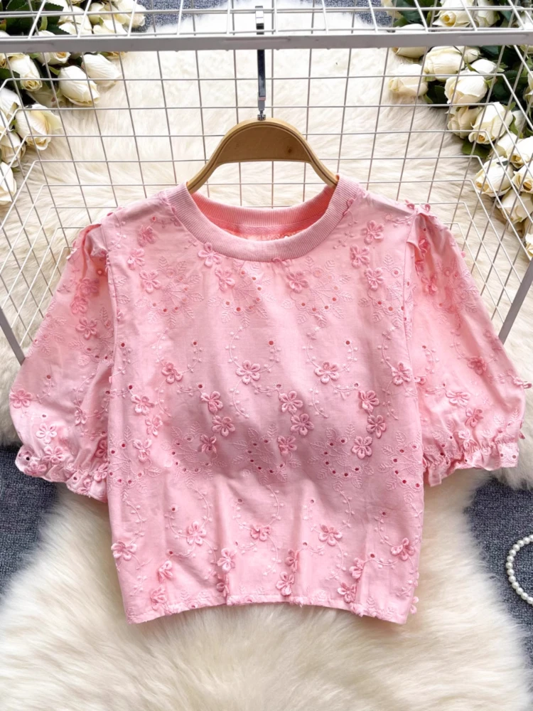 

2025 модные милые блузки с круглым вырезом и пышными рукавами, однотонные укороченные топы с цветочной вышивкой, ажурные рубашки, летняя женская одежда