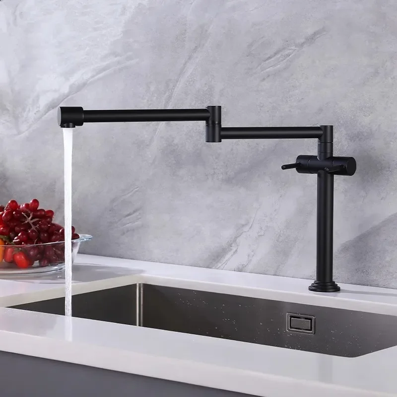 Brushed Gold Pot Filler Tap Deck Mounted Foldable Black Kitchen Faucet Hot Cold Sink Tap Rotate Folding Spout Gold Brass