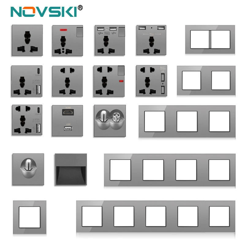 novski wall-mounted module diy European standard gray crystal glass panel socket switch button free combination function