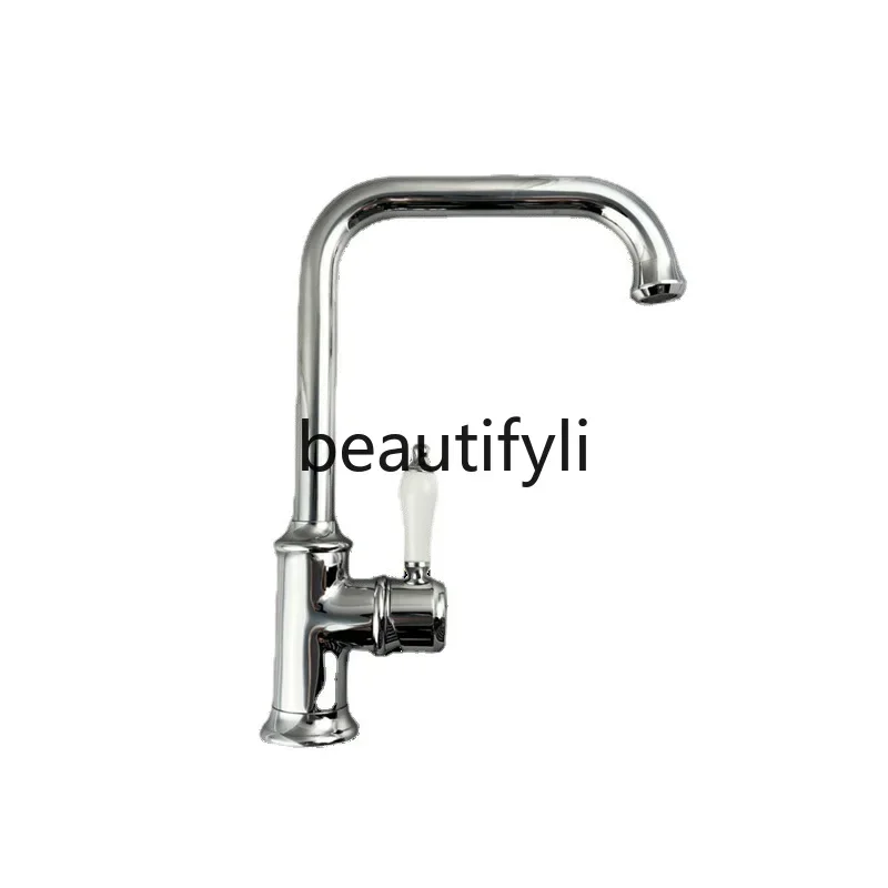 

Vintage faucet kitchen vegetable basin sink silver hot and cold water head balcony laundry cabinet rotating ceramic faucet