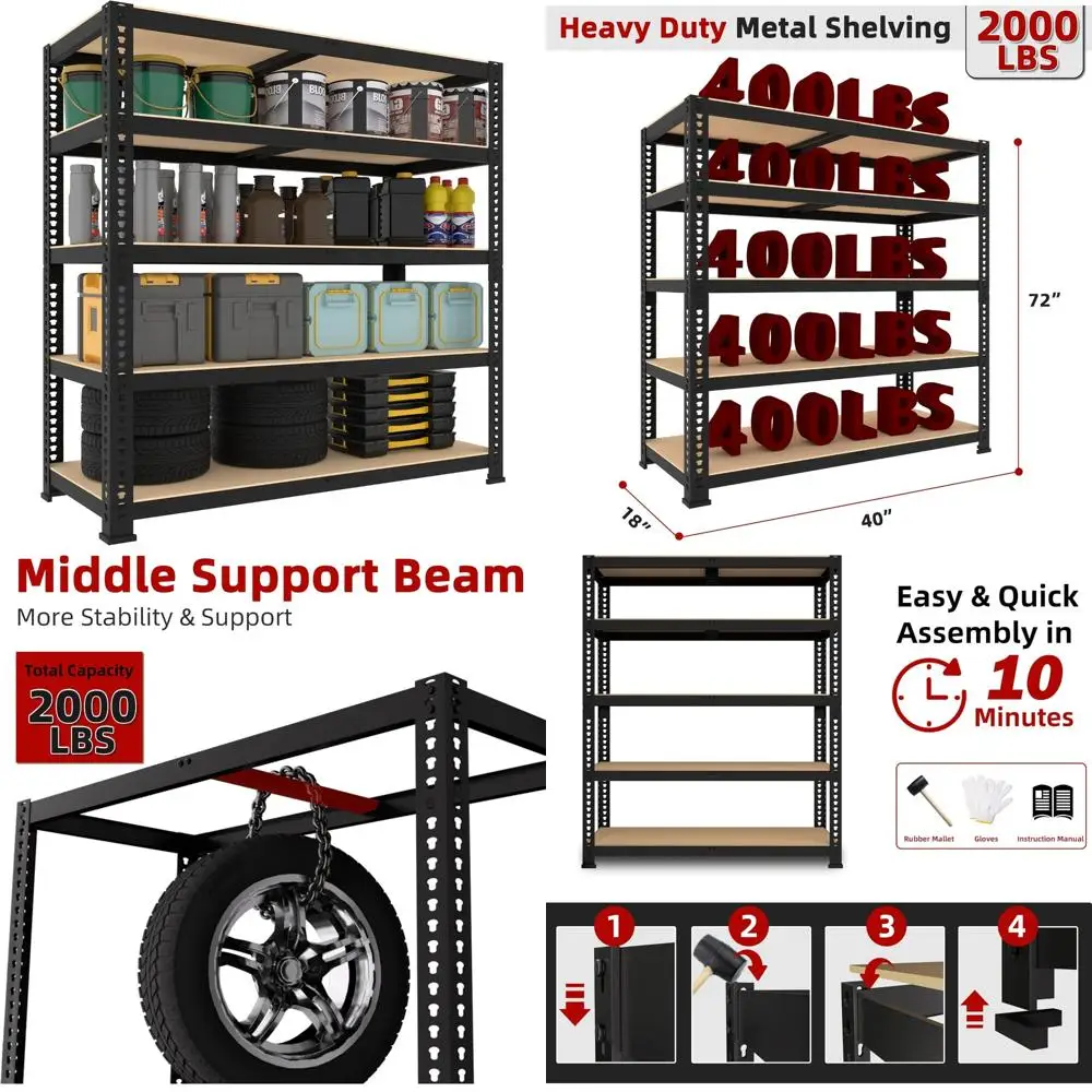 

Heavy Duty Adjustable Metal Shelving Unit - 5 Tier Garage Storage Rack, 40W x 18D x 72H, Utility Organizer for Basements