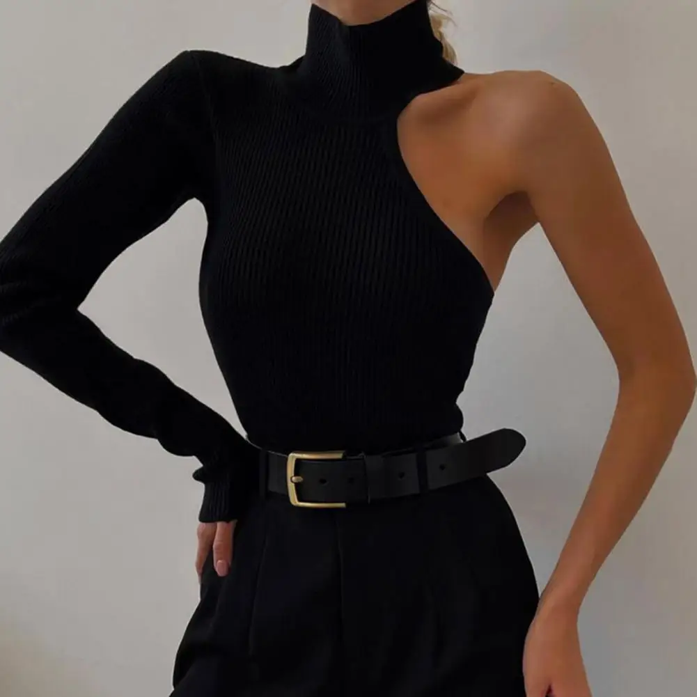 Kintted Bodysuit One Shoulder Hollow Turtleneck Solid Color Elastic Soft Warm Bodysuit  Ladies Skinny Bodysuit Body Femme