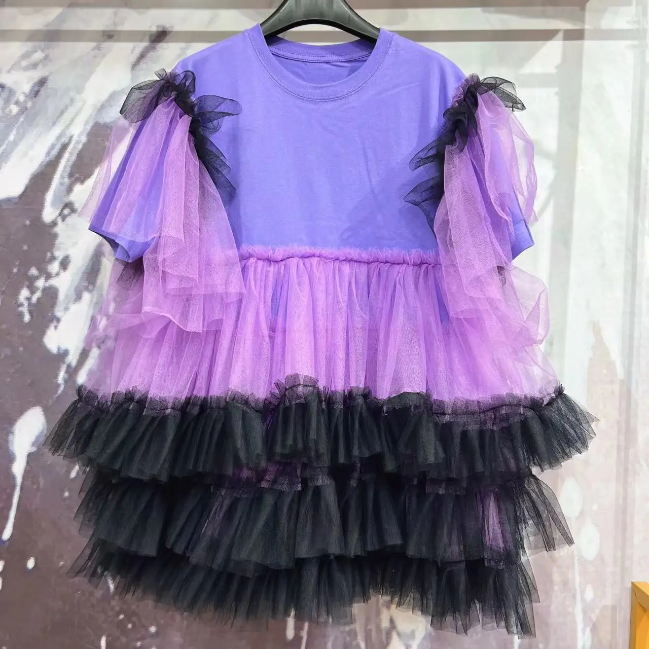 Chic Purple Mesh Ruffles Spliced Short Sleeve T-shirts Contrast Color Gauze Pleated Tees Skirt Splicing Lotus Dress Vestidos