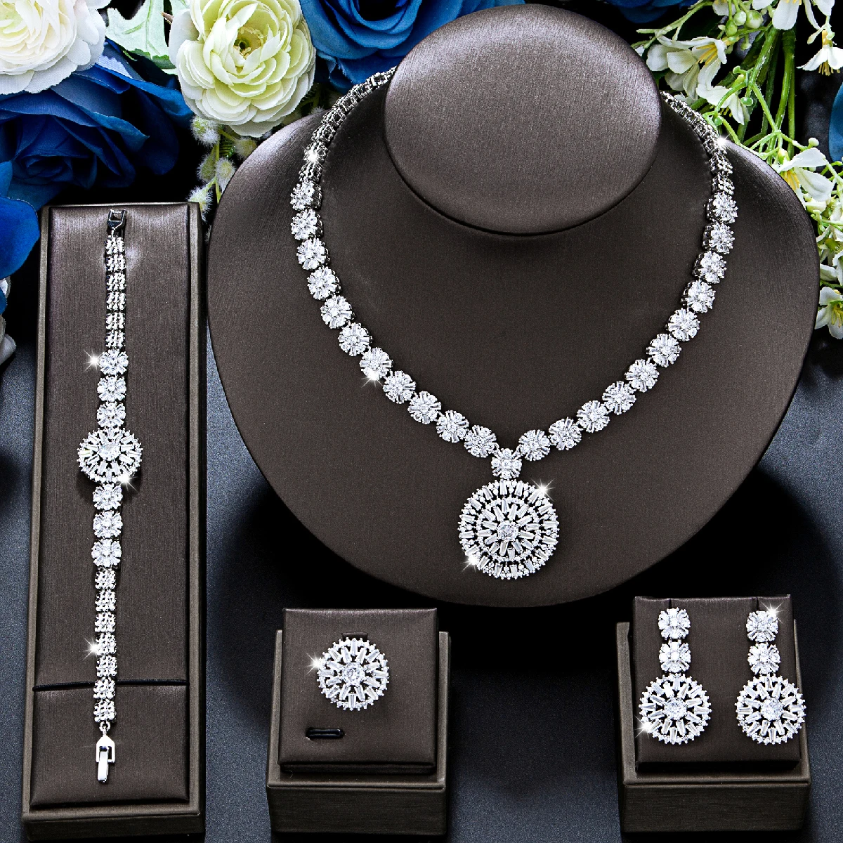 Elegant Women's Wedding Jewelry African Zirconia Round Bridal Necklace Bracelet and Earring Set Bracelet Ring 4-piece Set