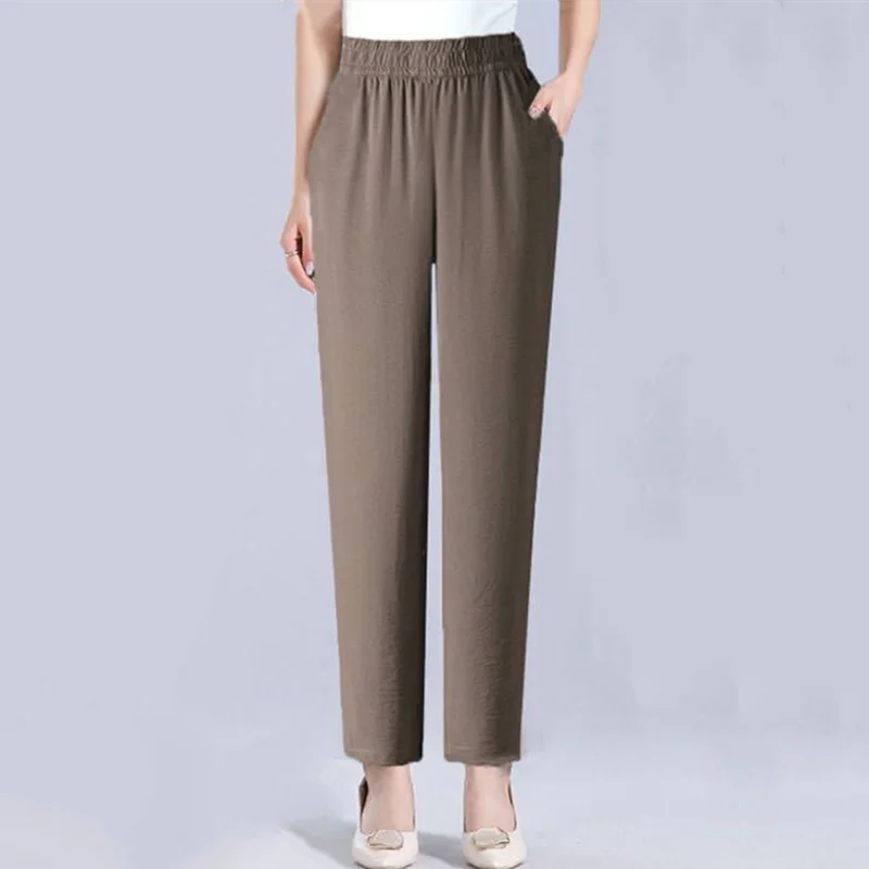 Ice Silk Hemp Mom Straight Leg Pants Summer New Loose Slim High Waist Elastic Waist Casual Versatile Thinming Thinning Pants