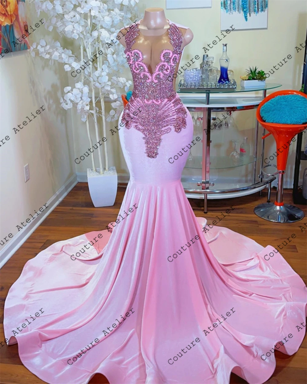 Angelic Pink Velvet Crystal Mermaid Prom Dresses African See Thru Evening Dresses For Wedding Party Sheer Mesh vestido de gala