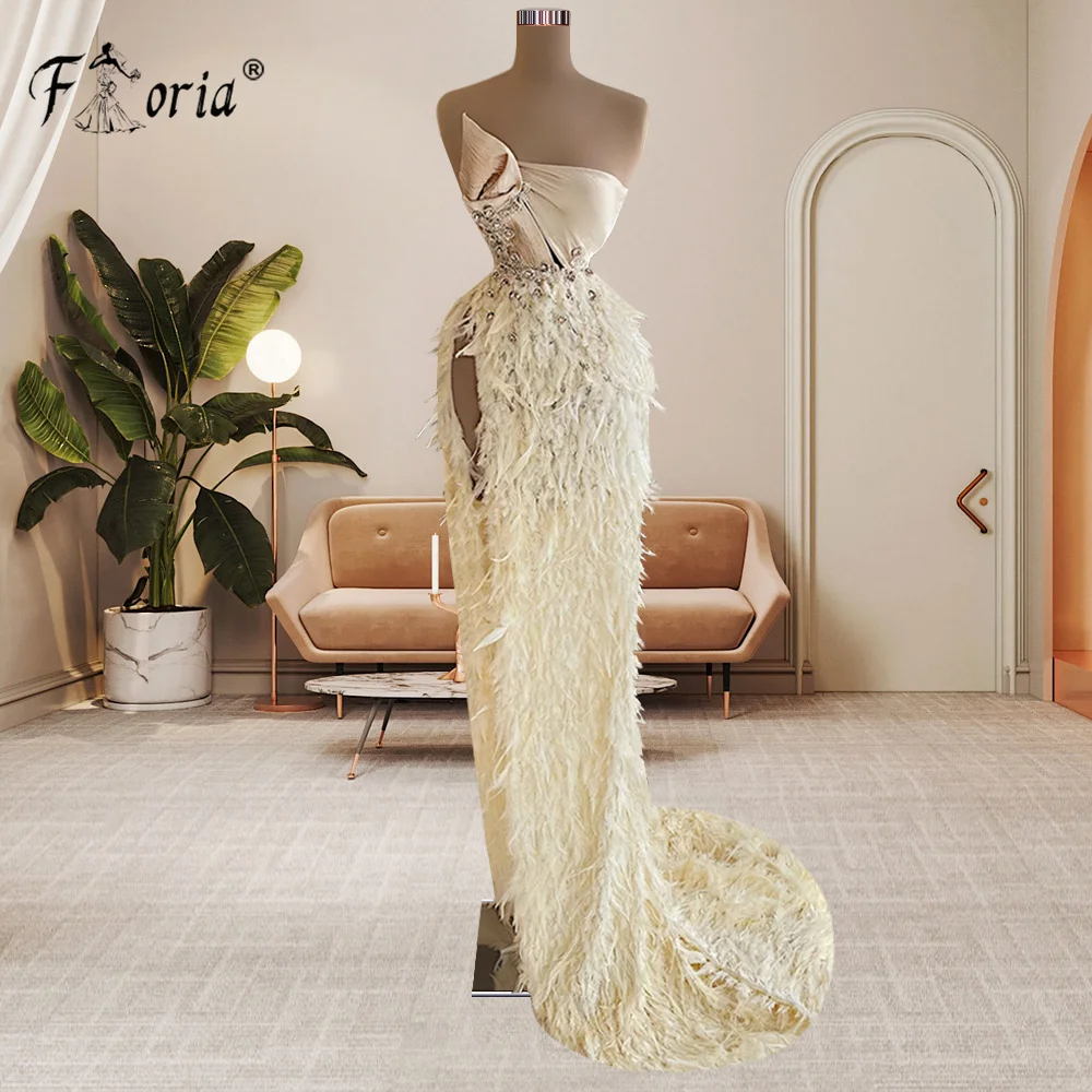 Gorgeous Dubai Feather Mermaid Formal Evening Dresses Beads Champagne Long Party Gowns Arabic Prom Dress 2023 Robe De Soiree