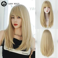 Pelucas 7JHH, peluca rubia en capas para mujeres, pelucas de pelo liso suelto sintético de alta densidad con flequillo limpio, amigable para principiantes