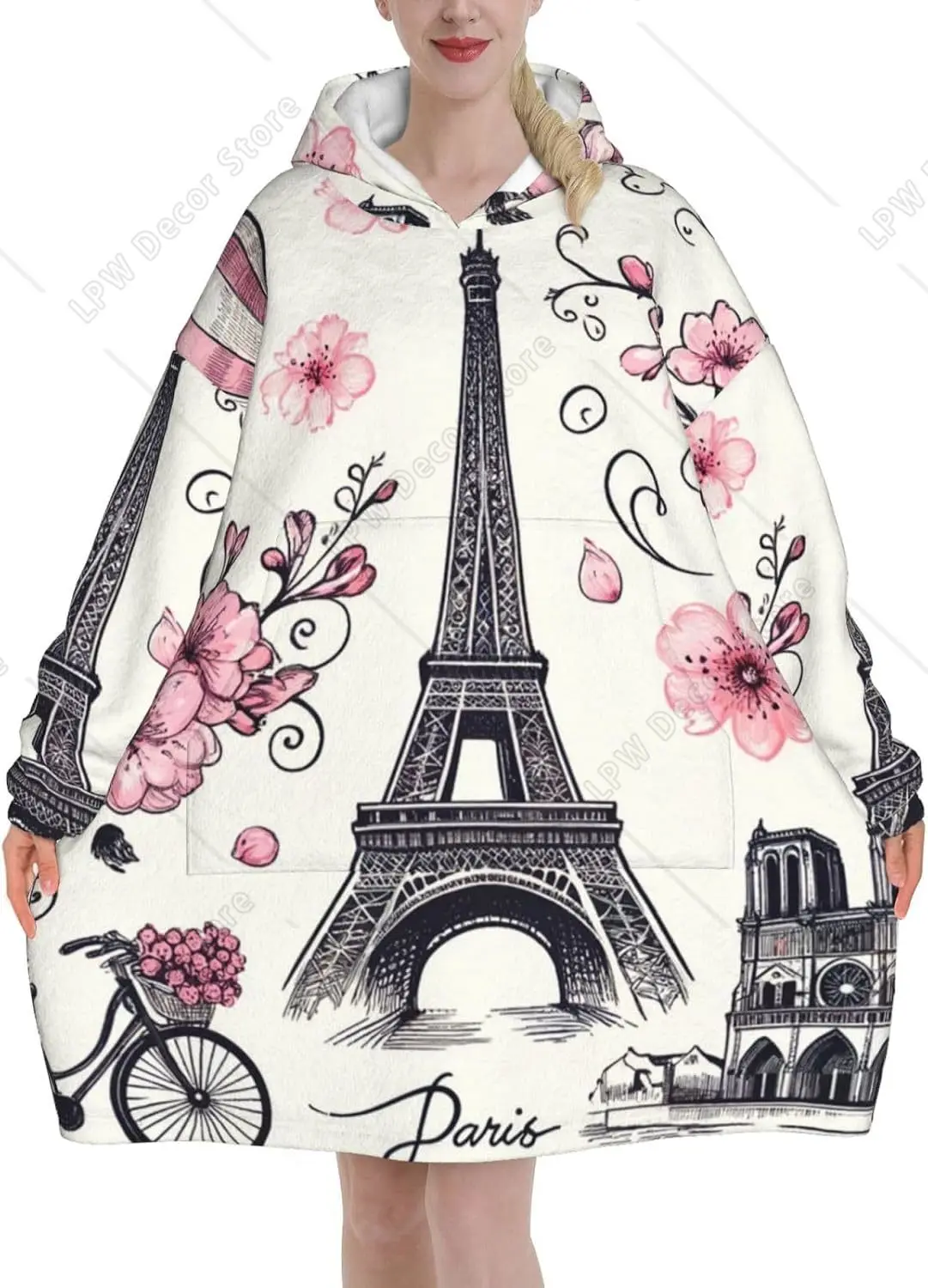 Oversized Adult Long Sleeve Flannel Hoodie Blanket Paris-Eiffel-Tower-Floral-Bike Soft Fuzzy Hooded Sweatshirt Lounging Pullover