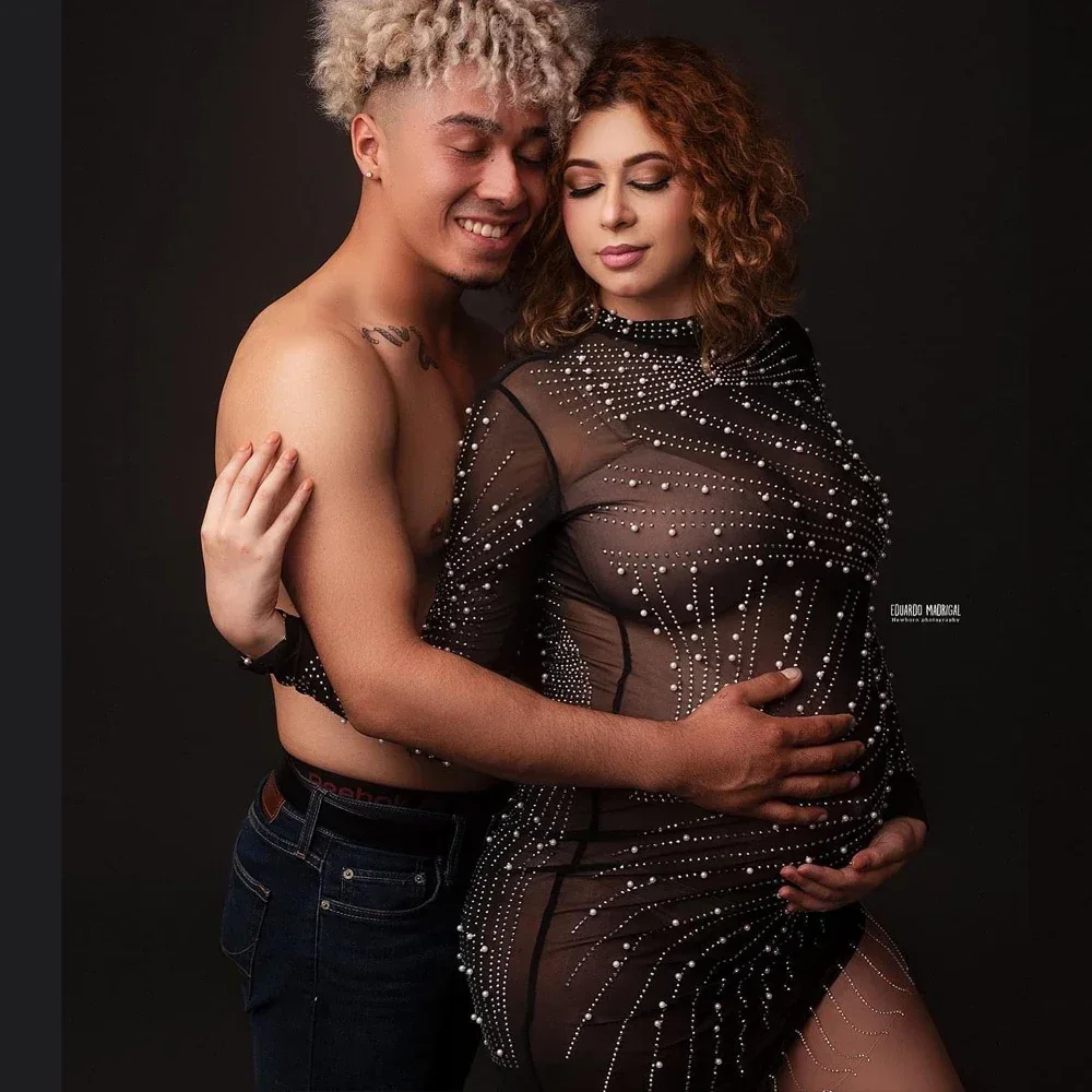 Maternity Photography Clothing Party Dresses Fashionable Sexy Elastic mesh Studded Pearl Fringed Dress For Pregnant Women Dress